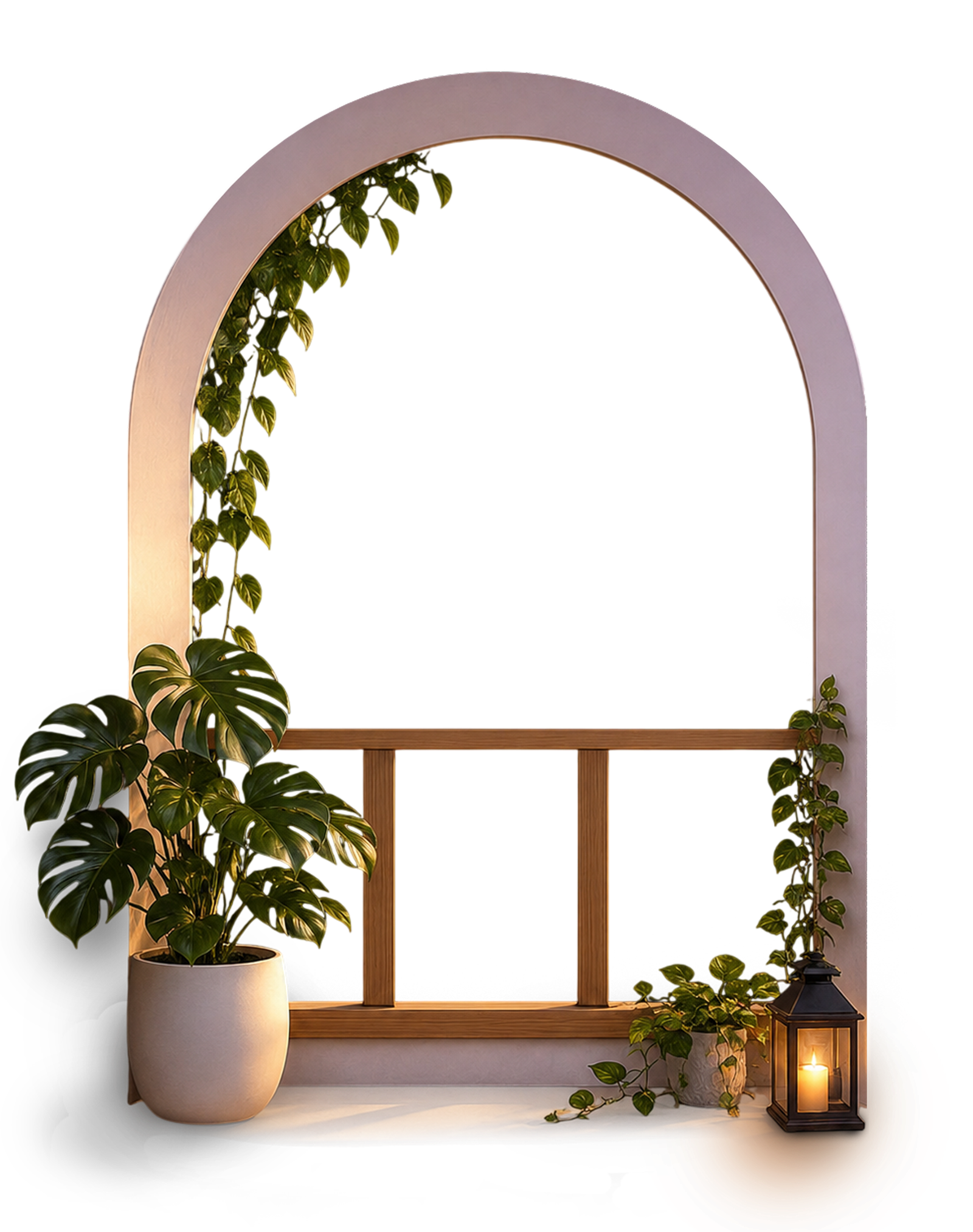 An arched balcony with potted plants and a lantern, opening onto a pastel sunset over the sea